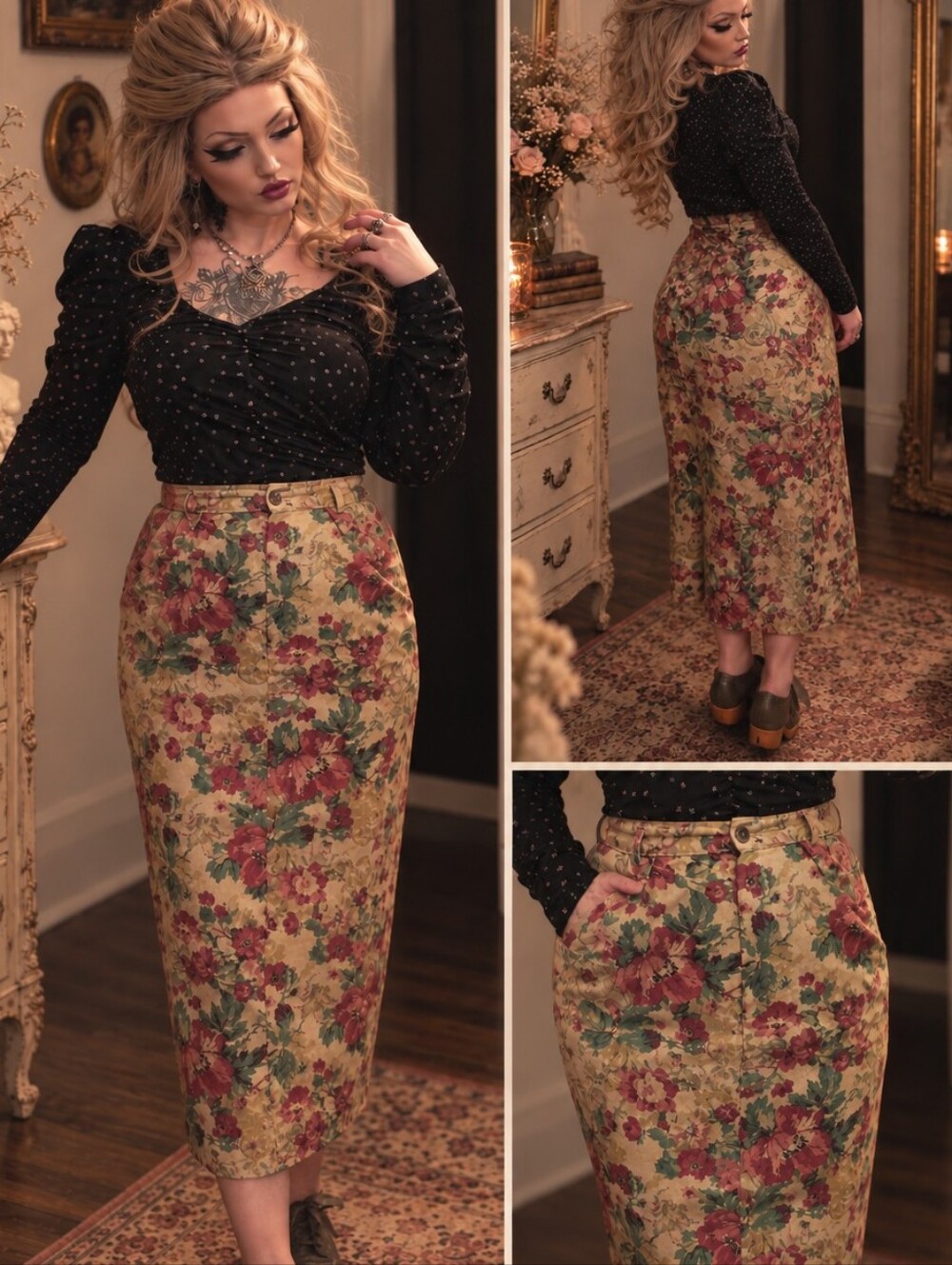 VTG Size 12 Prairie Style Willowbend 100% Cotton Floral Midi Skirt USA